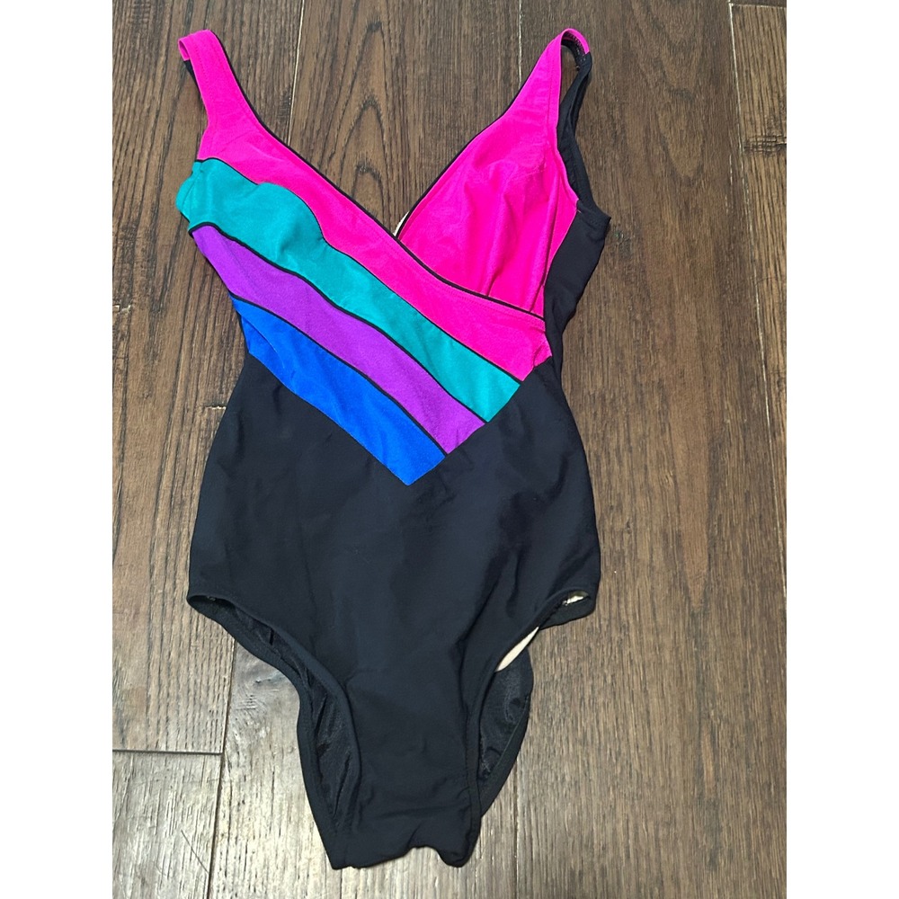 Vintage Longitude Swimsuit Womens 8T Colorblock Neon Pink Blue 80s One Piece USA